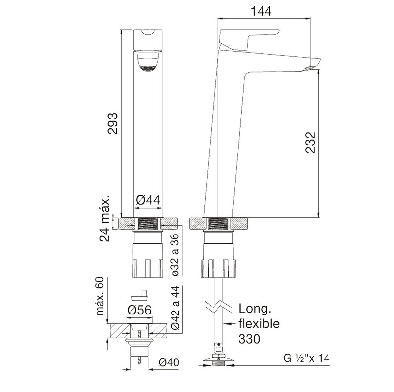 0181.02/B5 LAVATORIO ALTO FV PUELO MONOCOMANDO VESSEL - Imagen 2
