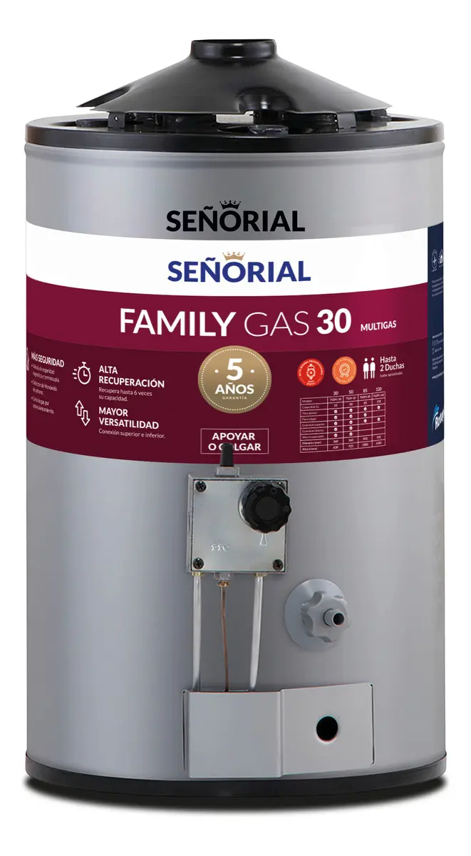 Termotanque Multigas Señorial Family 30 Litros Alta Recuperación conex. superior e inferior