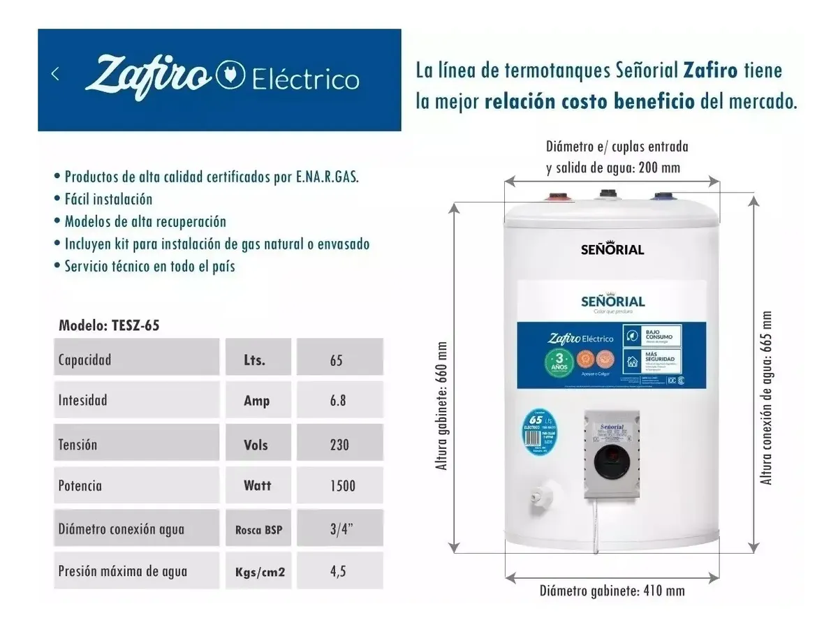 TERMOTANQUE SEÑORIAL 65 LITROS ELECTRICO ZAFIRO - Imagen 2